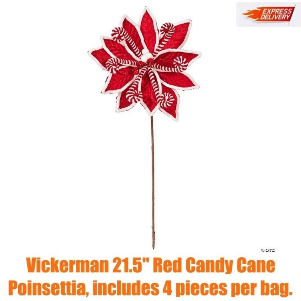 NWT Lot of 4 red white peppermint candy cane Velvet Poinsettia stems - 4 total